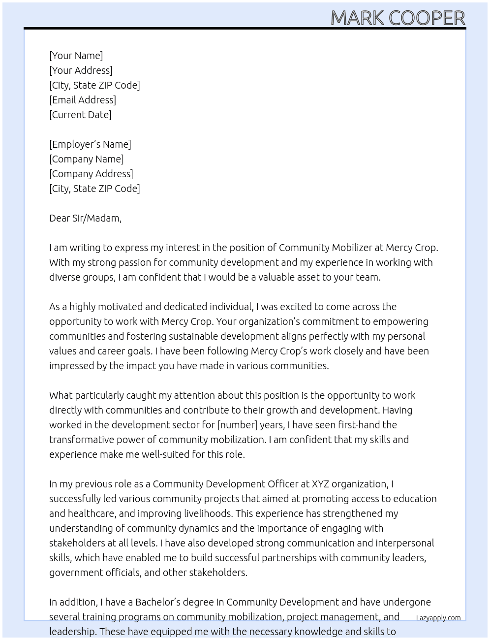 Community Mobilizer  At Mercy Crop Cover Letter