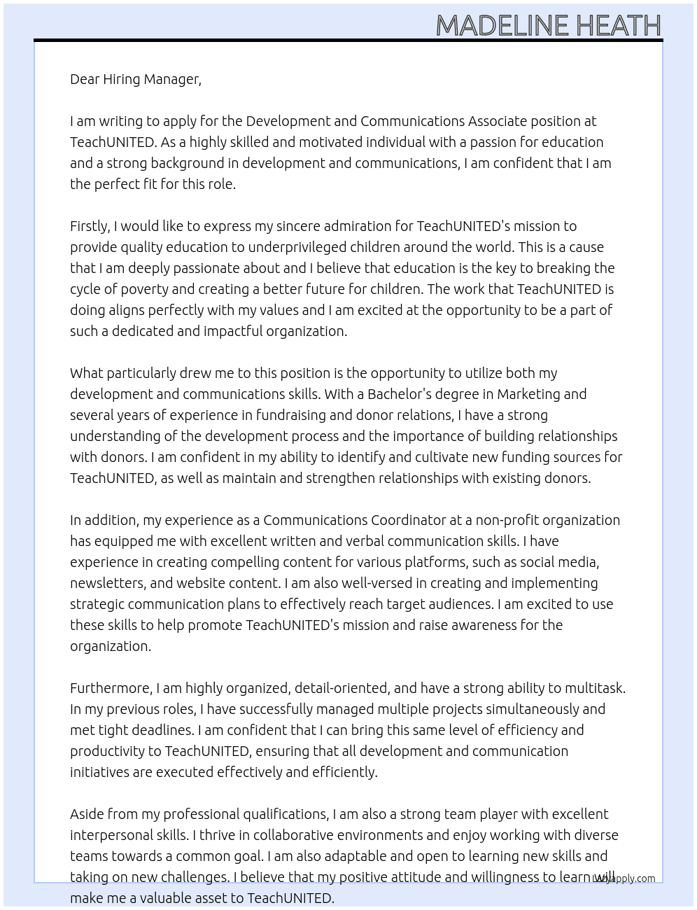 Development and Communications Associate At TeachUNITED Cover Letter
