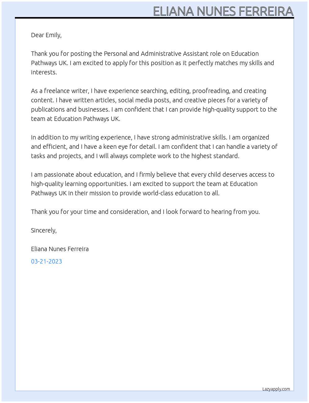 Personal and Administrative Assistant At Education Pathways UK Cover Letter