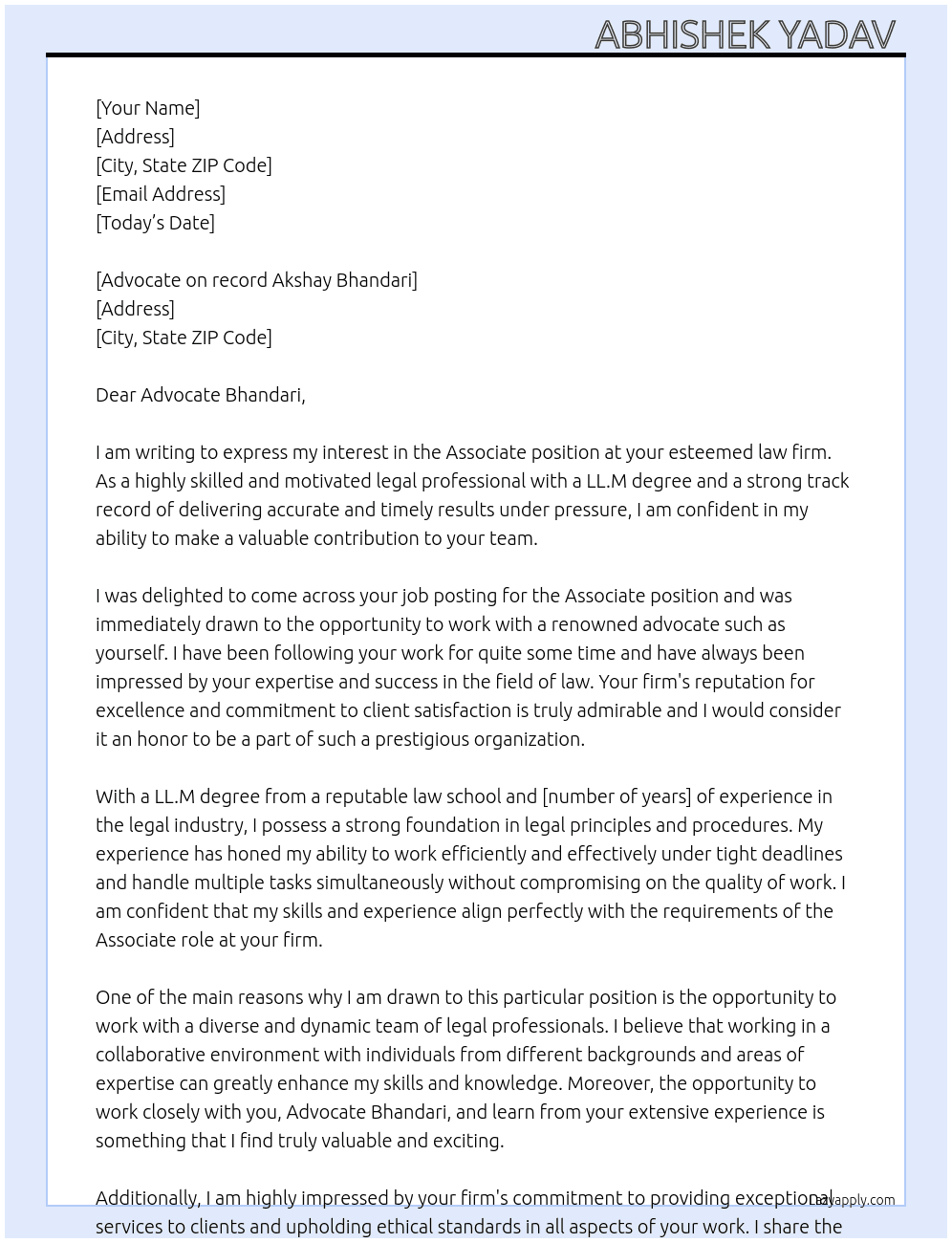 Associate  At Advocate on record Akshay Bhandari Cover Letter