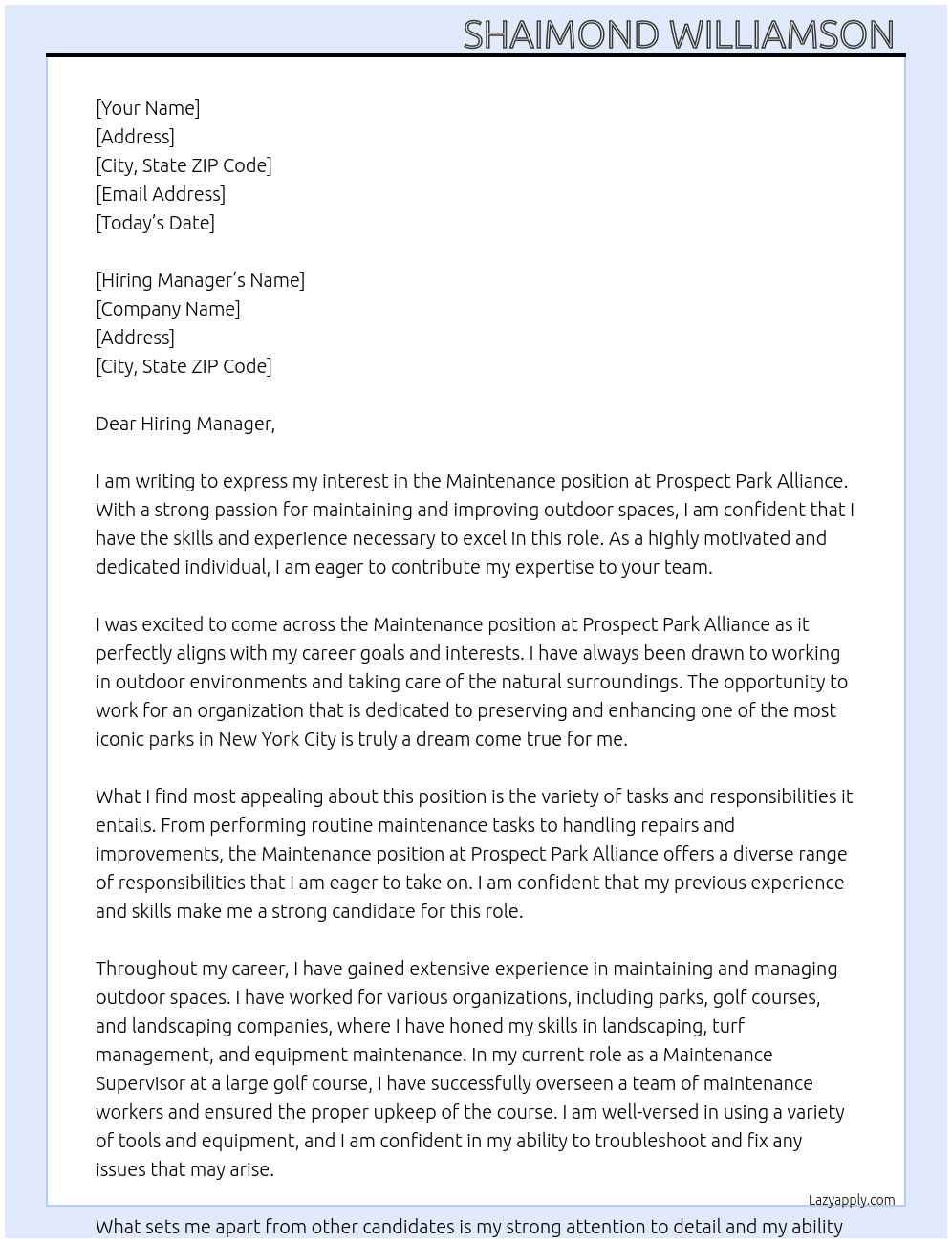 Maintenance  At Prospect park alliance  Cover Letter