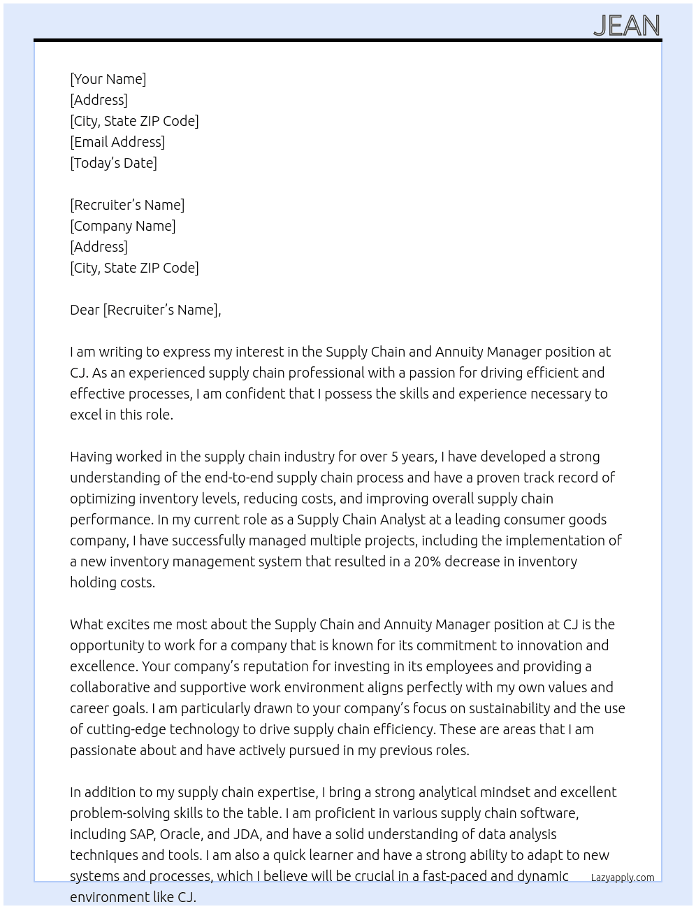 Supply chain and annuity manager At CJ Cover Letter
