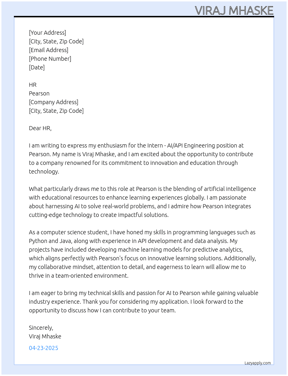 Cover letter for intern in -ai/api engineering - LazyApply