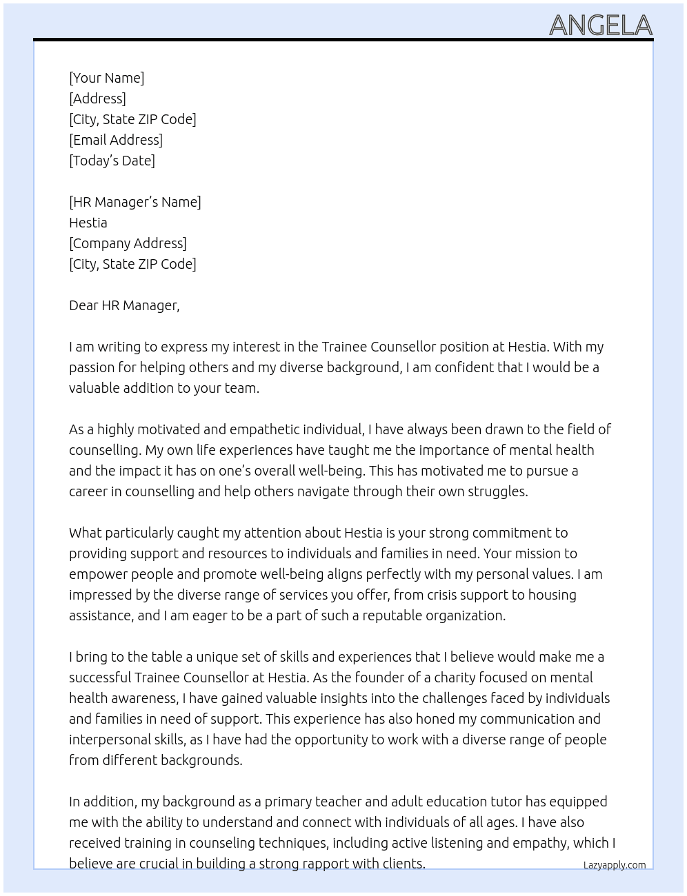 Trainee Counsellor  At Hestia Cover Letter