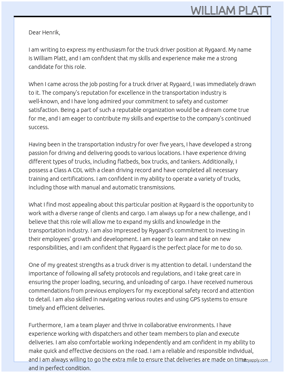 truck driver At rygaard Cover Letter