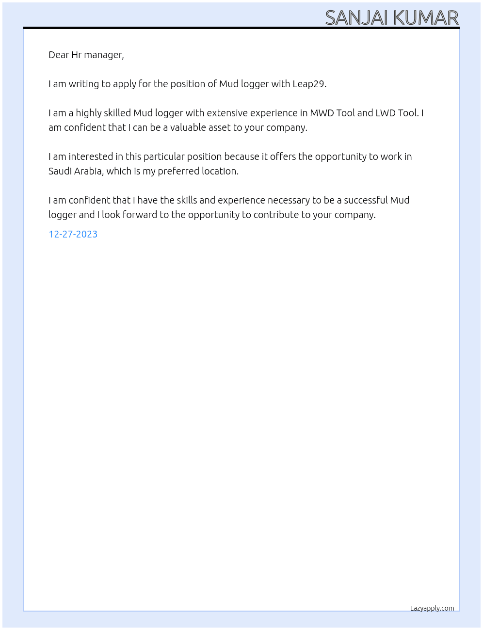 Mud logger At Leap29 Cover Letter