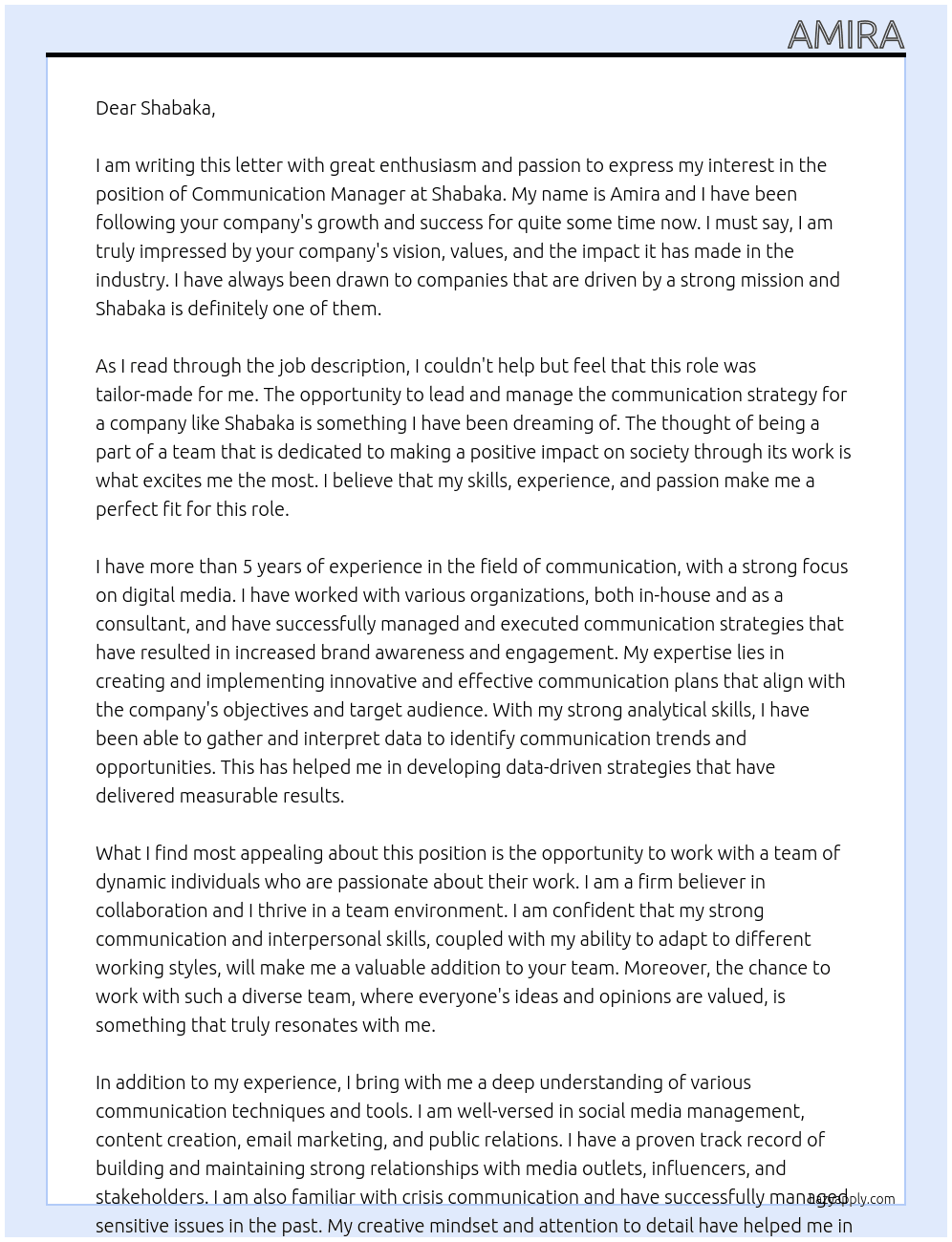 Communication manager At Shabaka Cover Letter