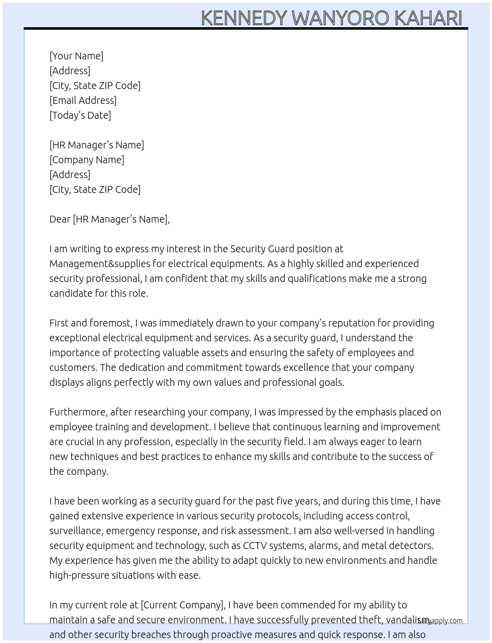 Security guard At Management&supplies for electrical equipments  Cover Letter