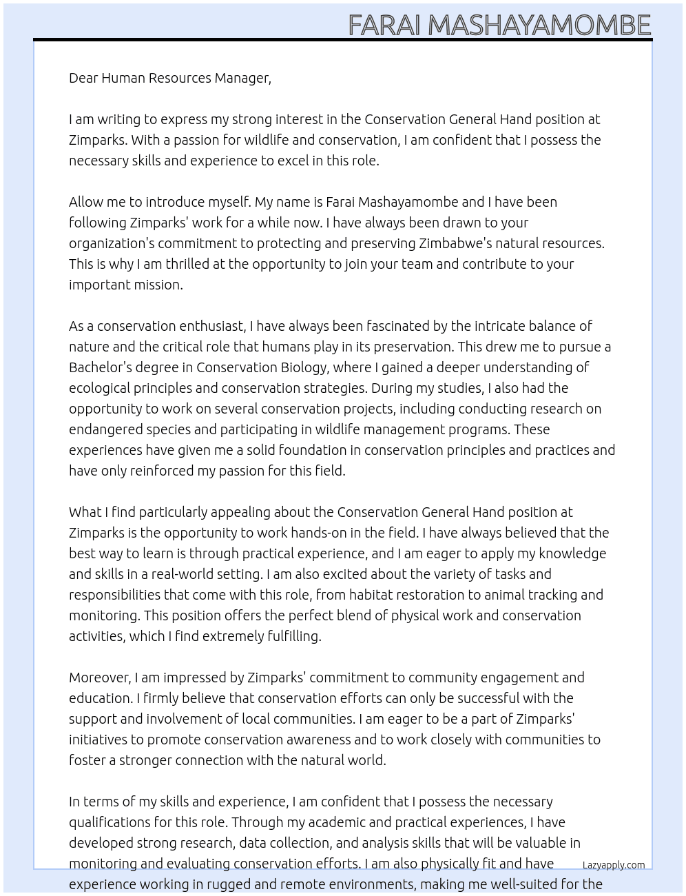 conservation general hand At zimparks Cover Letter