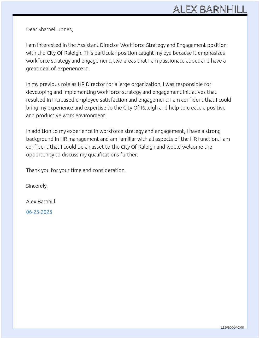 Assistant Director Workforce Strategy and Engagement At City Of Raleigh Cover Letter