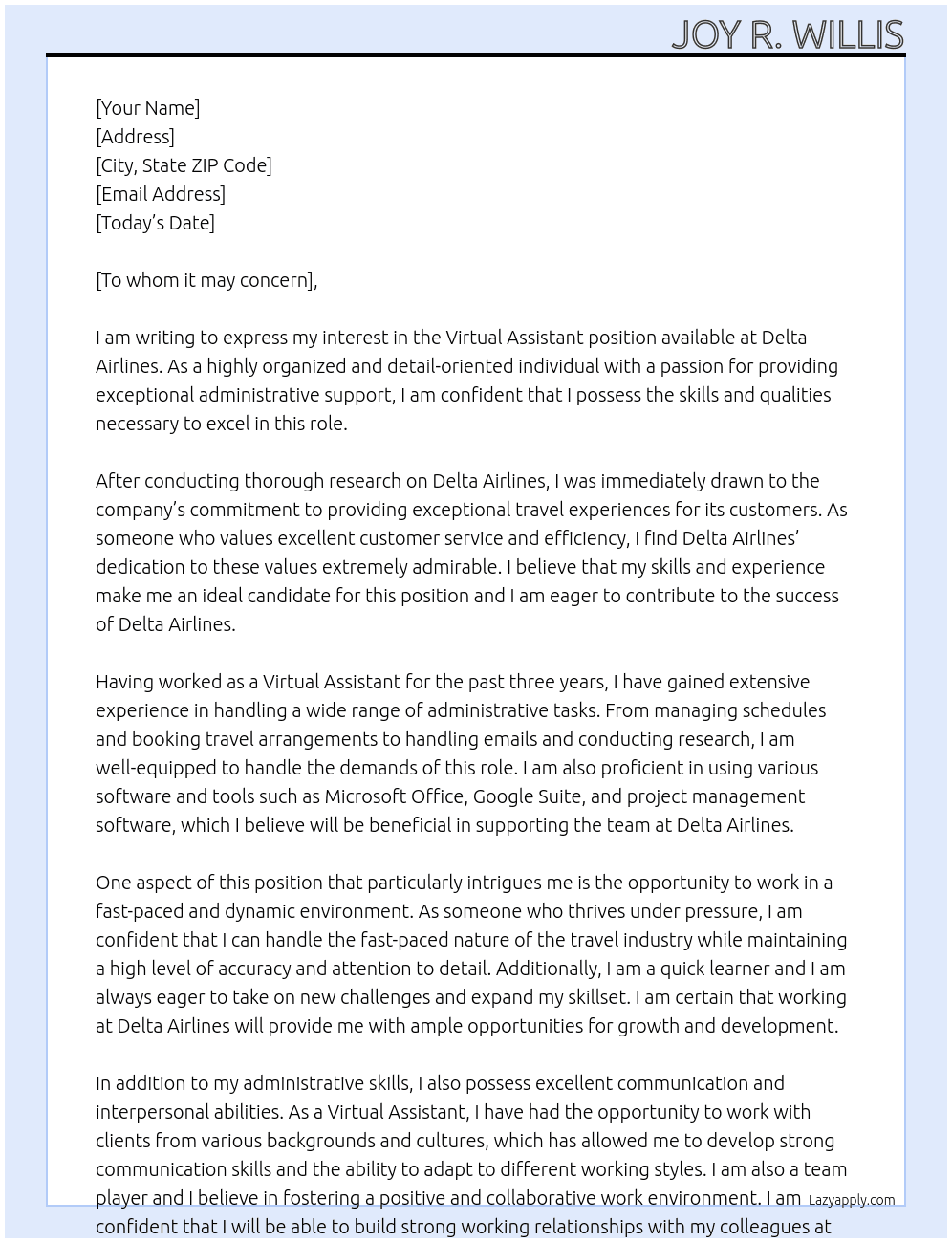 Virtual Assistant At Delta Airlines  Cover Letter