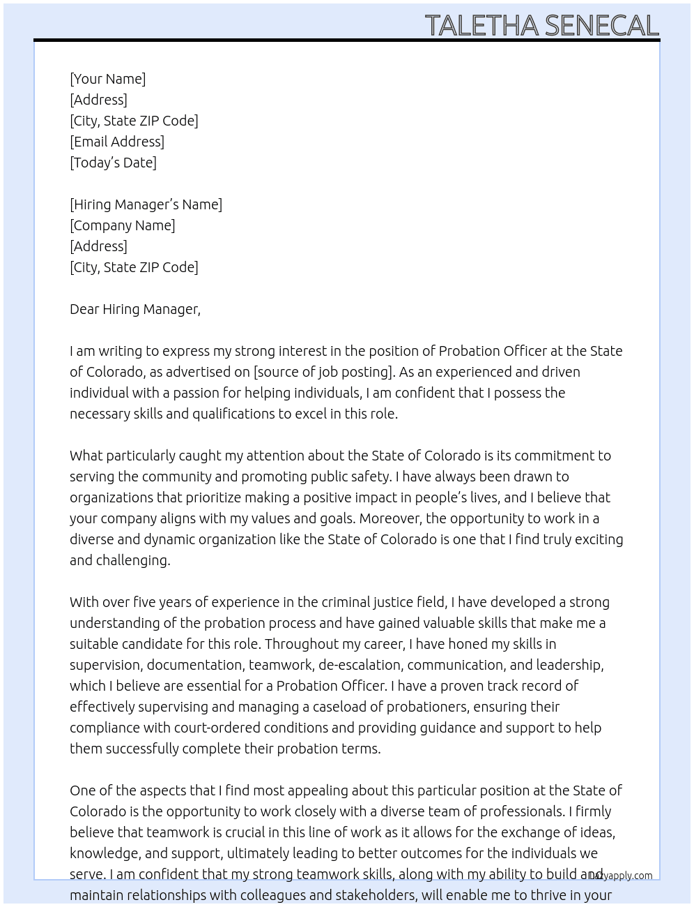 Probation Officer  At State of Colorado  Cover Letter