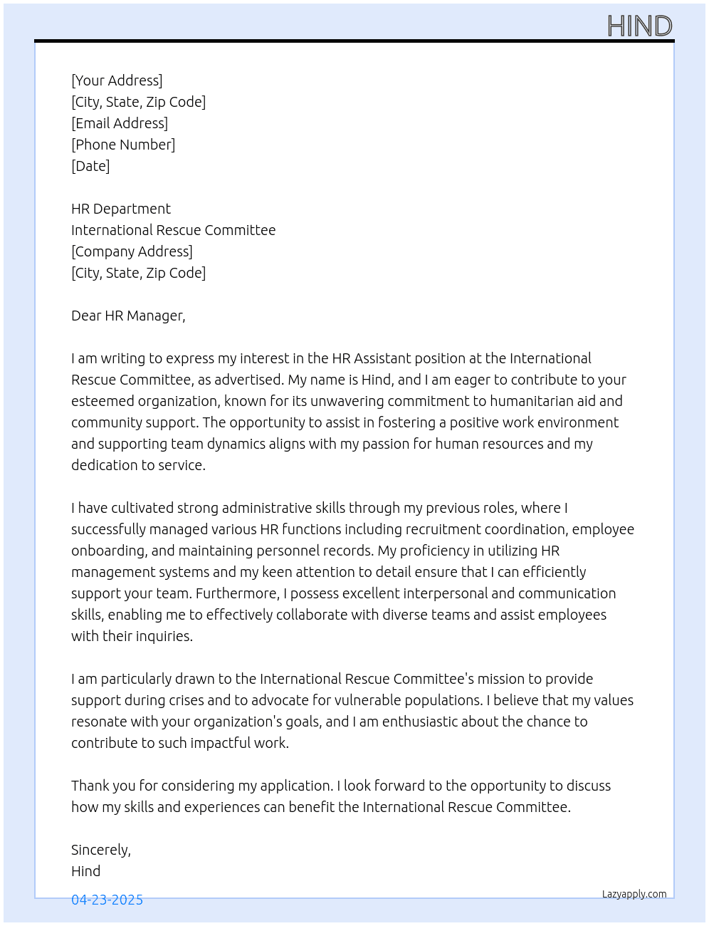HR Assistant At International Rescue Committee Cover Letter