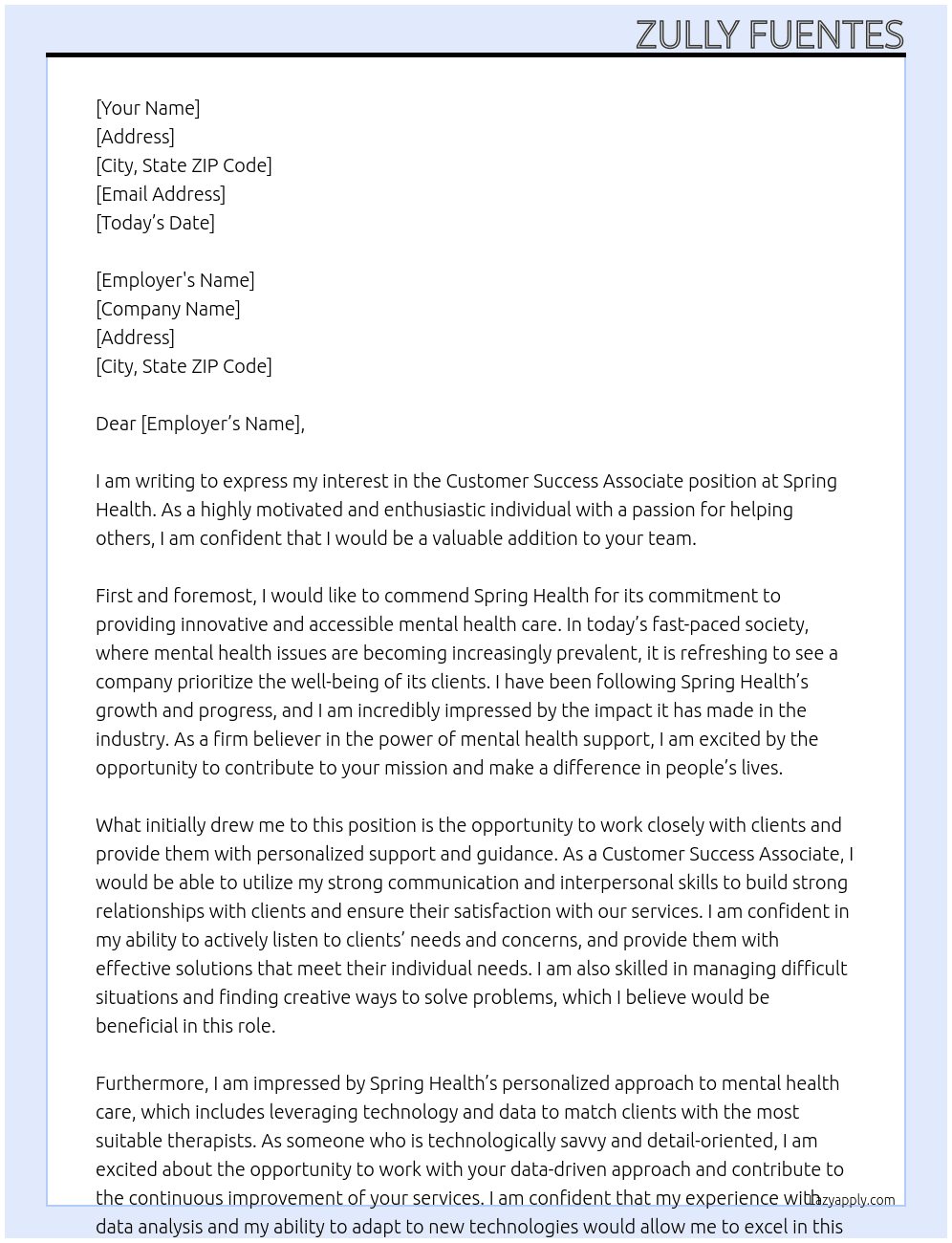 Customer Success Associate  At Spring Health Cover Letter