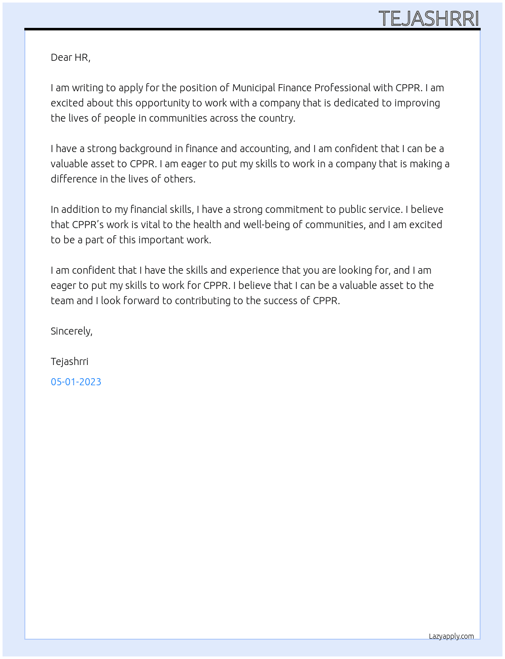 Municipal Finance Professional At CPPR Cover Letter