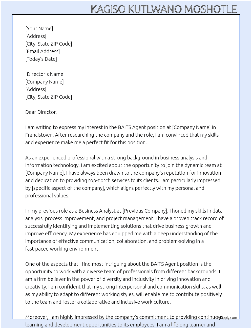 BAITS Agent  At Francistown Cover Letter
