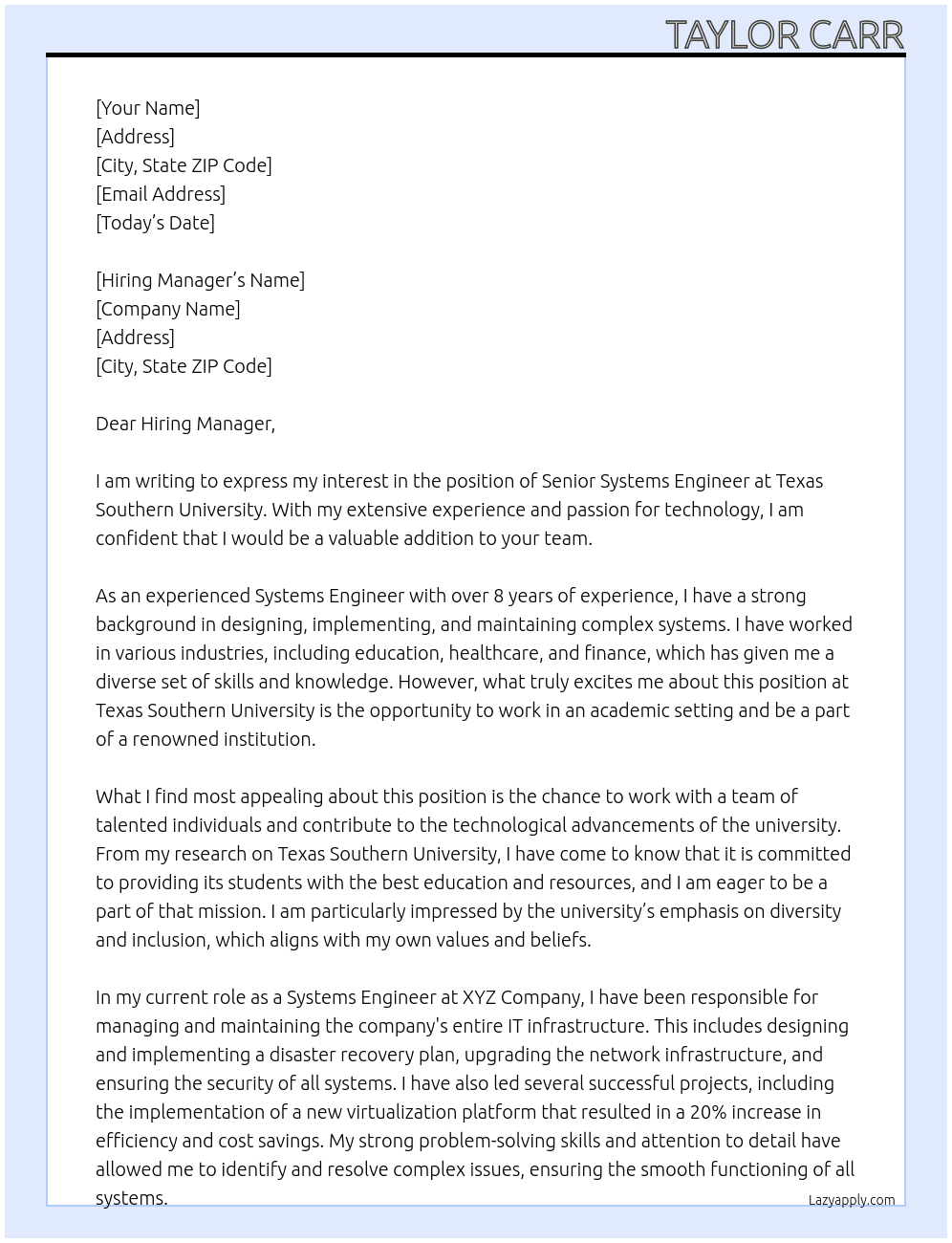 Senior Systems Engineer At Texas Southern University Cover Letter