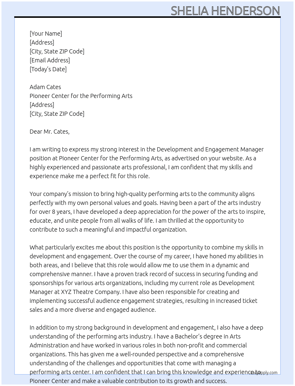 Development and Engagement Manager At Pioneer Center for the Performing Arts Cover Letter
