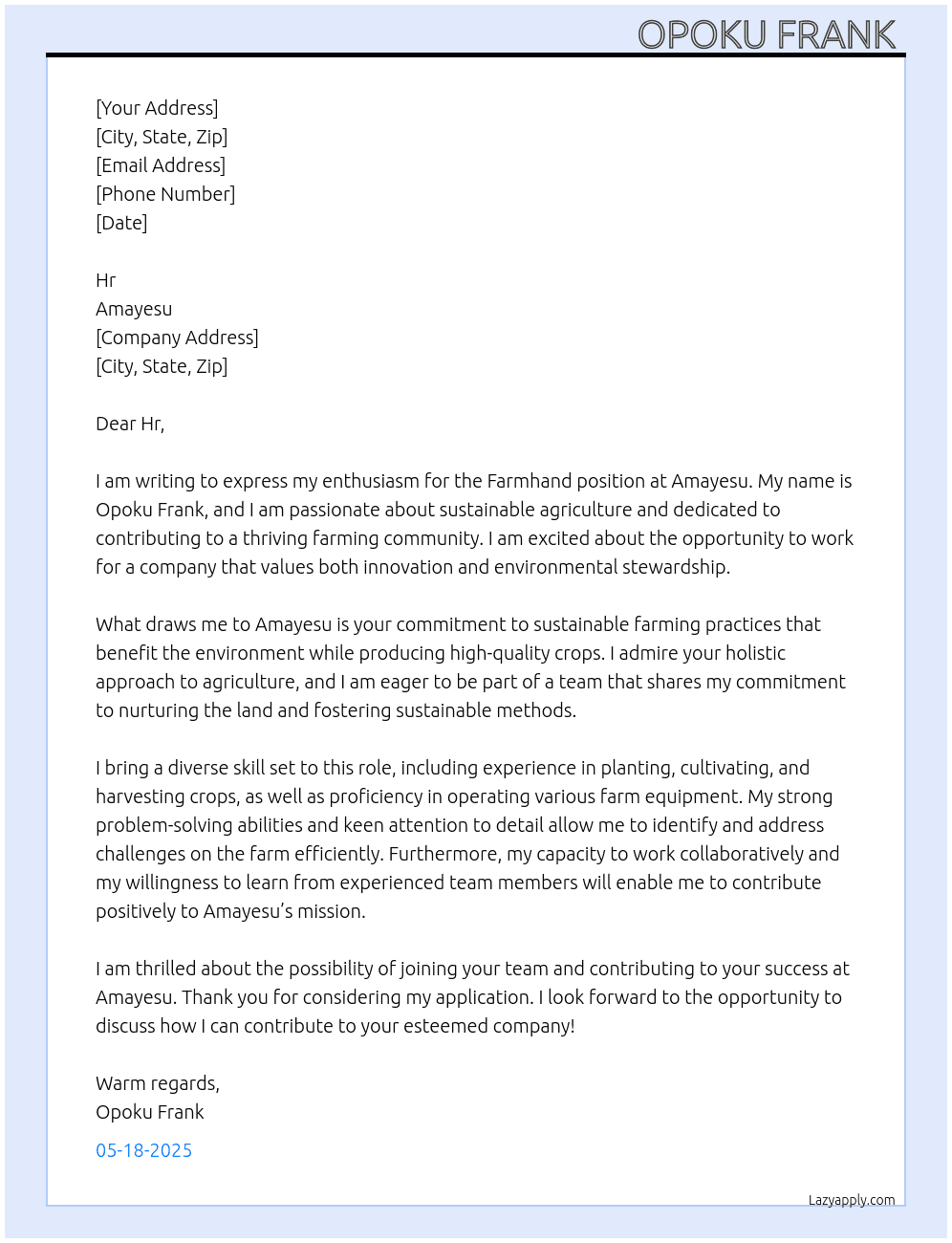 Farmhand  At Amayesu Cover Letter
