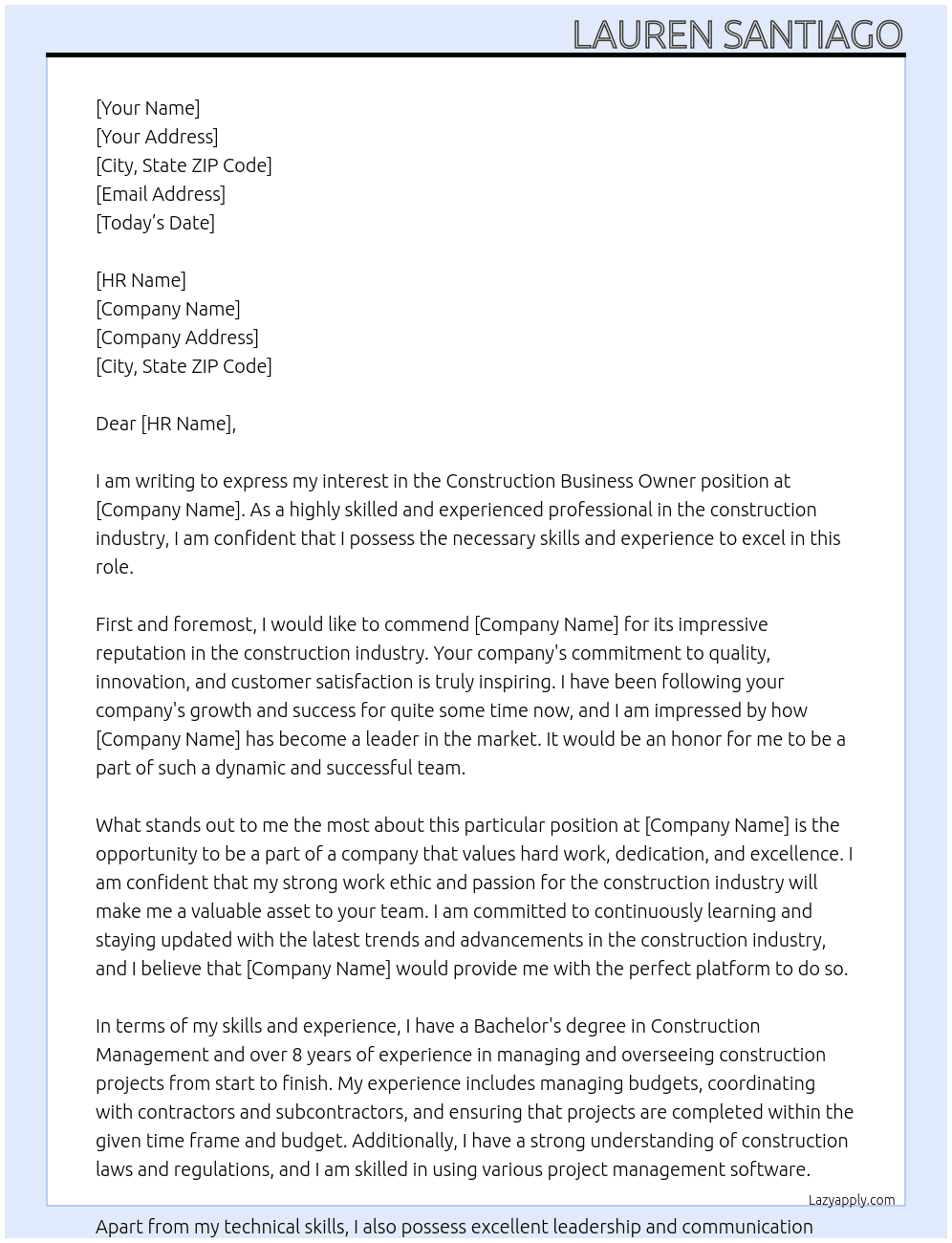 Construction business owner At Marketing Cover Letter