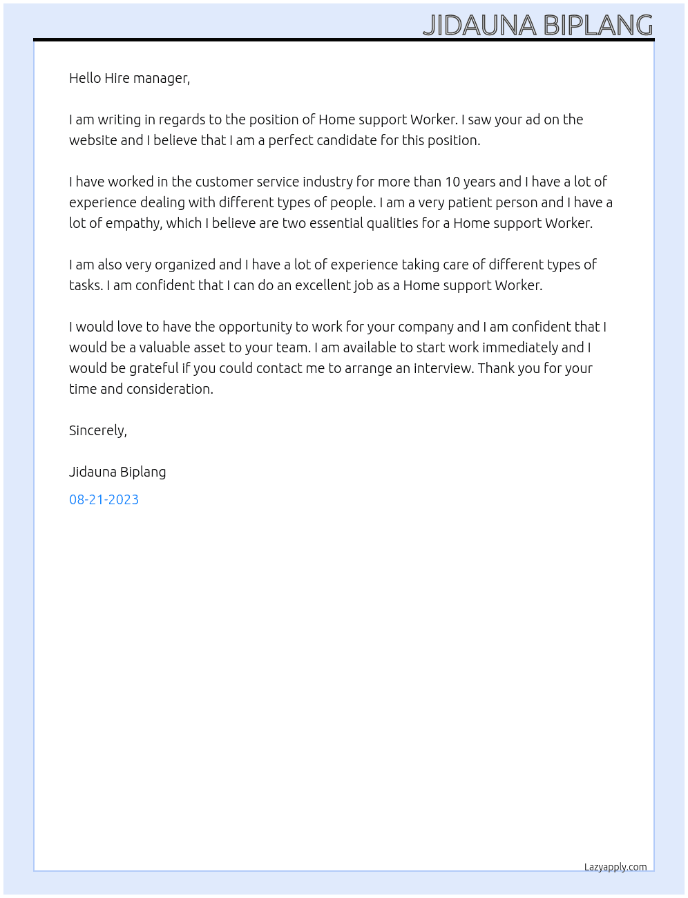 Home support Worker At Bartender Cover Letter