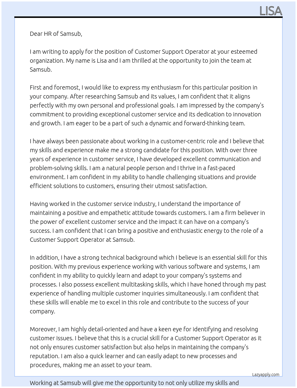 Customer Support Operator At Samsub Cover Letter