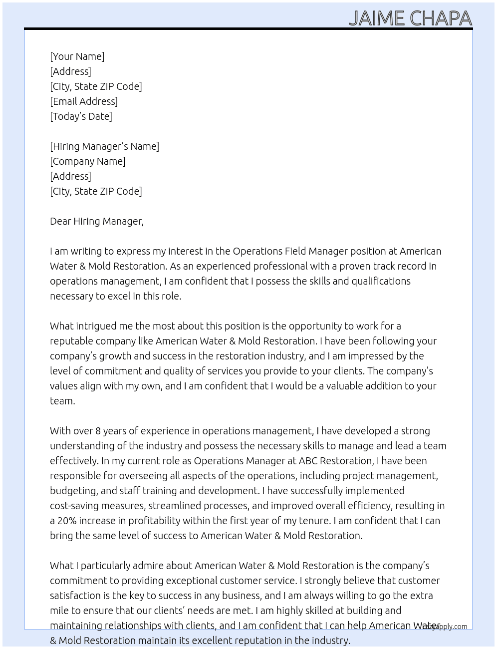 Operations Field Manager At American Water & Mold Restoration Cover Letter