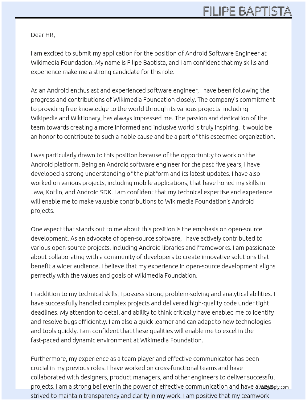 android software engineer At Wikimedia Foundation Cover Letter