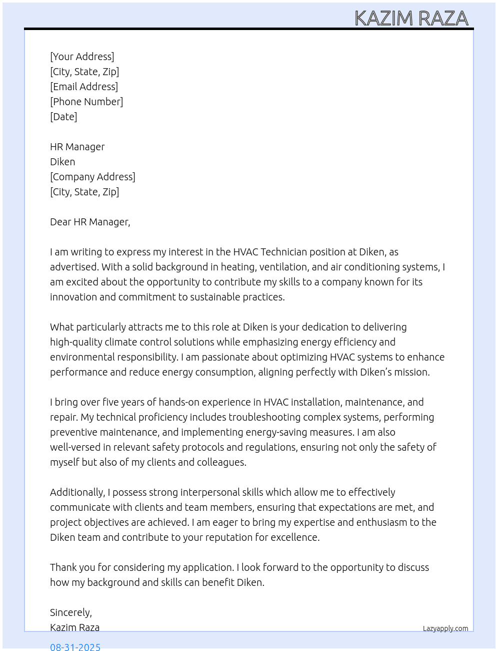 HVAC Technician  At Diken Cover Letter