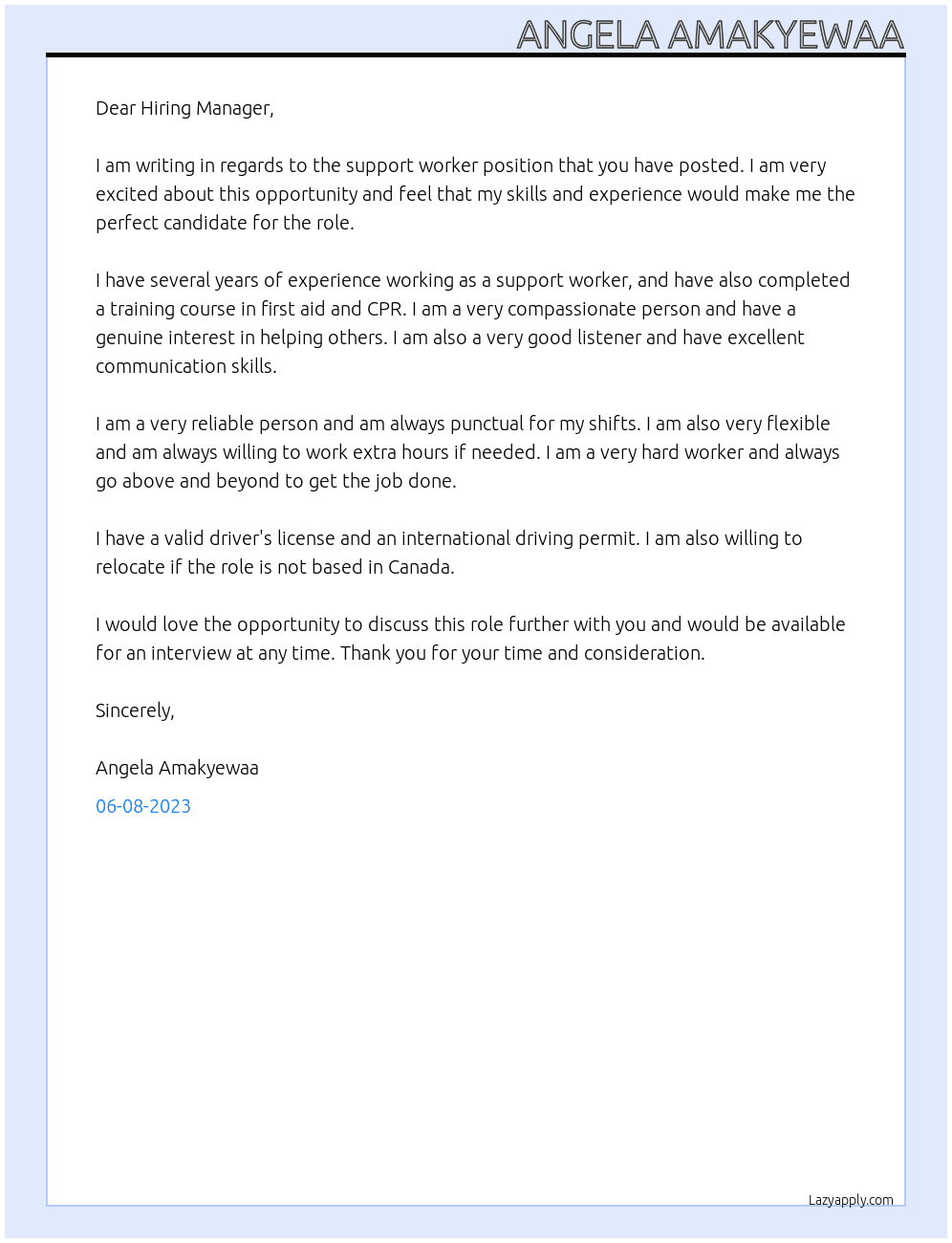 support worker At info@micanscanada.com Cover Letter