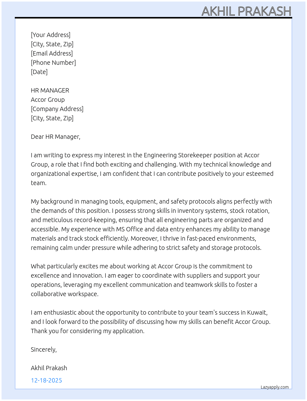 Engineering Storekeeper  At Accor Group  Cover Letter