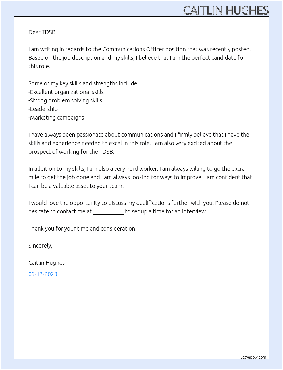 Communications Officer At TDSB Cover Letter