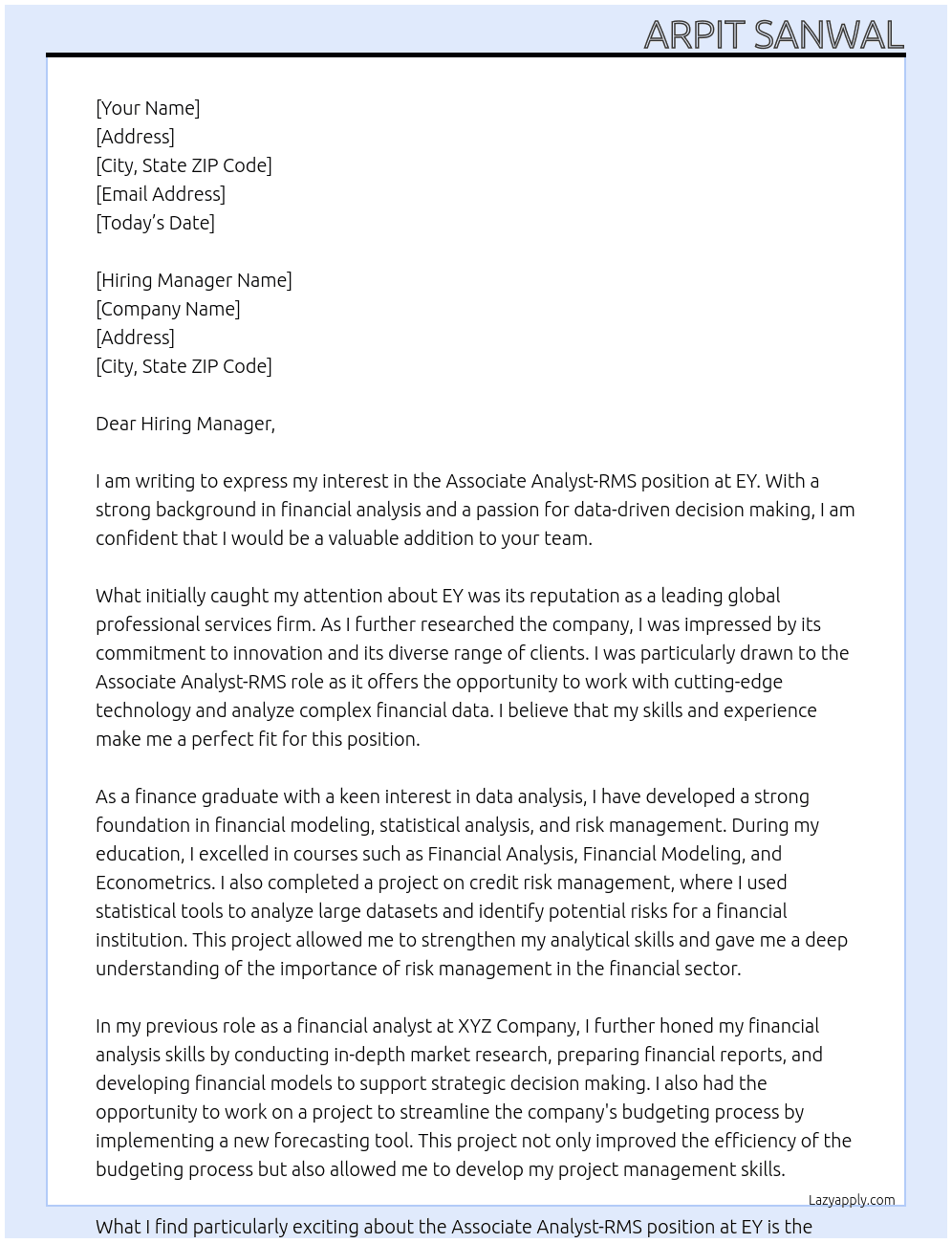 Cover letter for associate analyst-rms - LazyApply