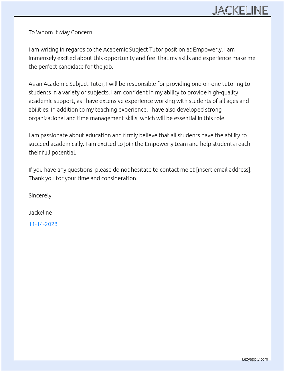 Academic Subject Tutor At Empowerly Cover Letter