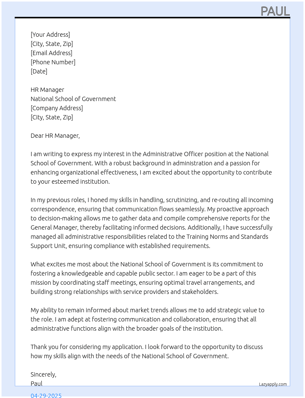 Administrative Officer  At National School of Government Cover Letter