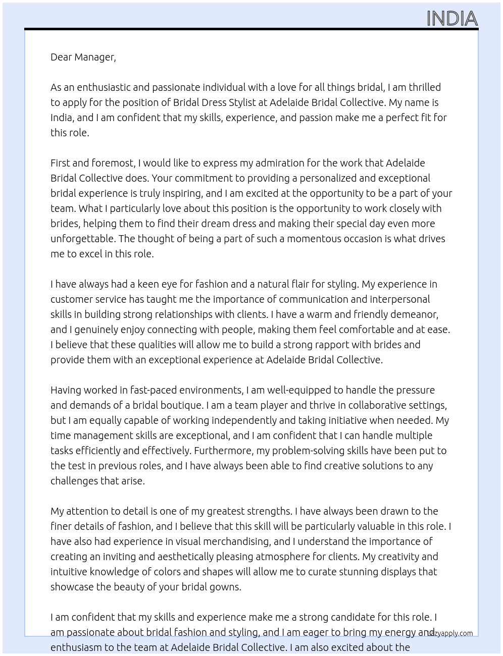 Bridal Dress Stylist At Adelaide Bridal Collective Cover Letter