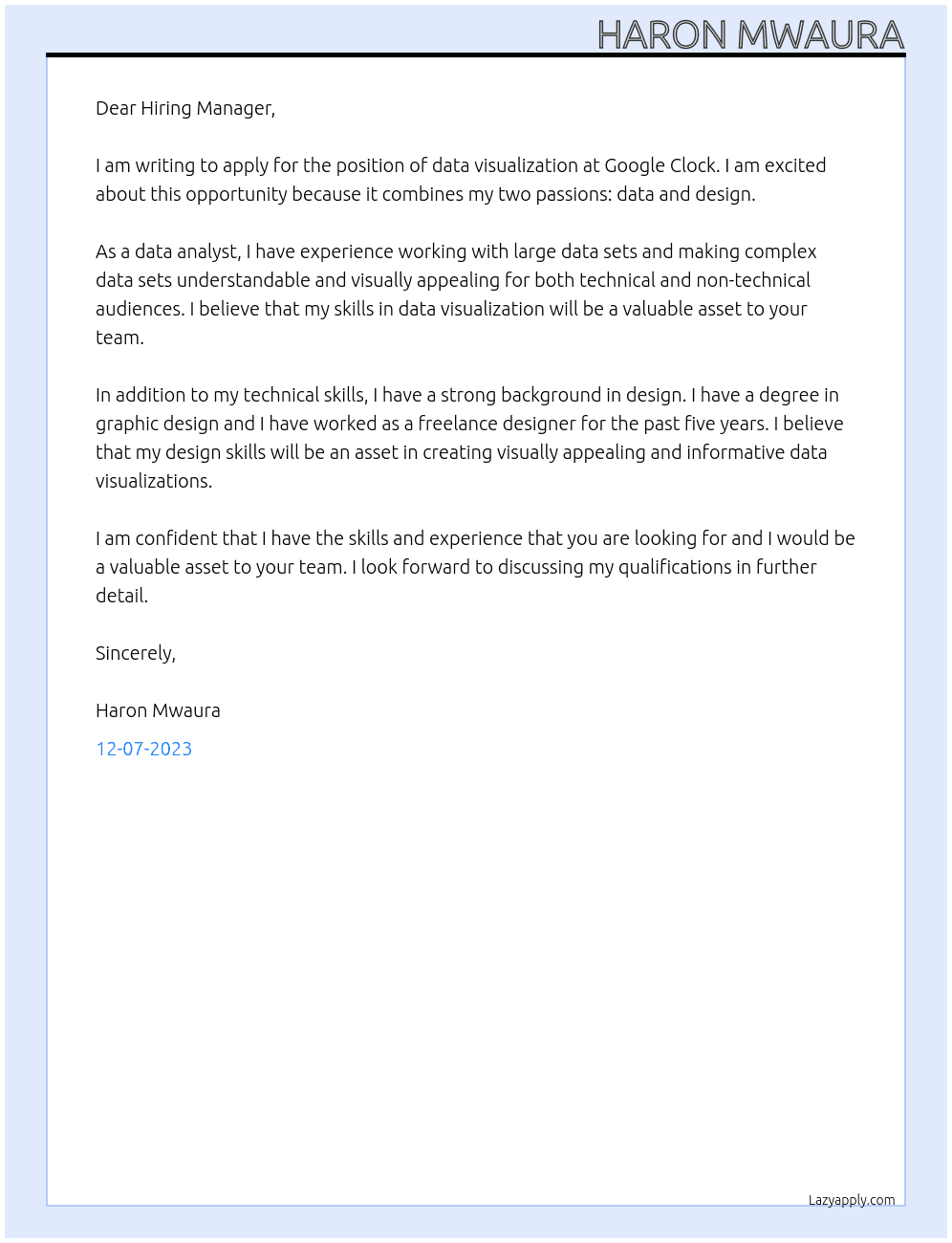 data visualization At google clock Cover Letter