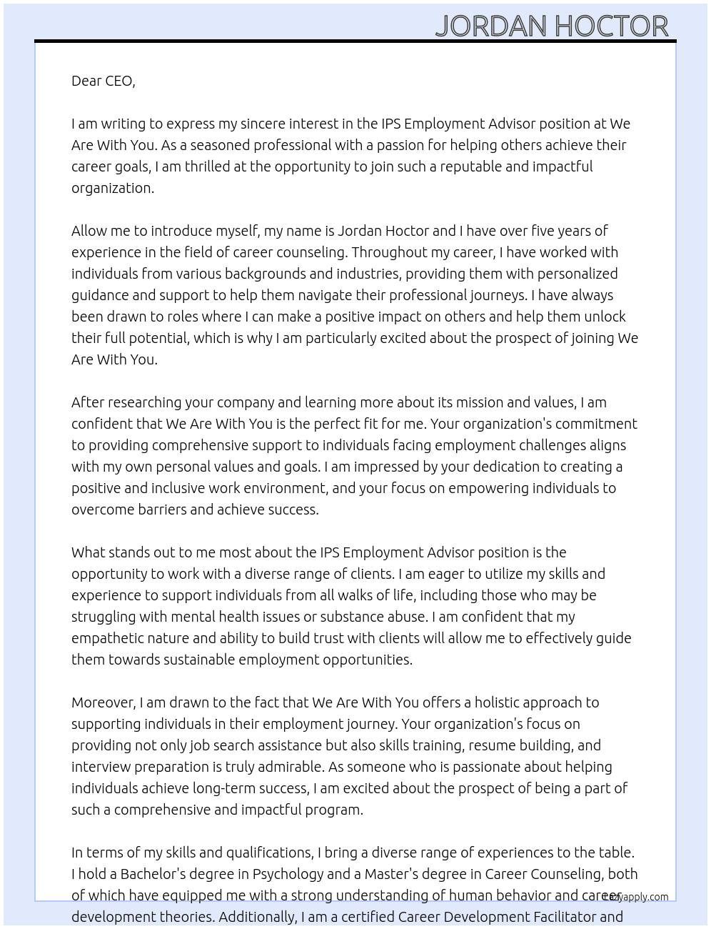 IPS employment advisor  At We are with you  Cover Letter