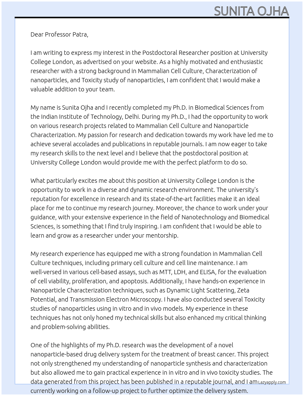 Postdoctoral Researcher At University College London Cover Letter