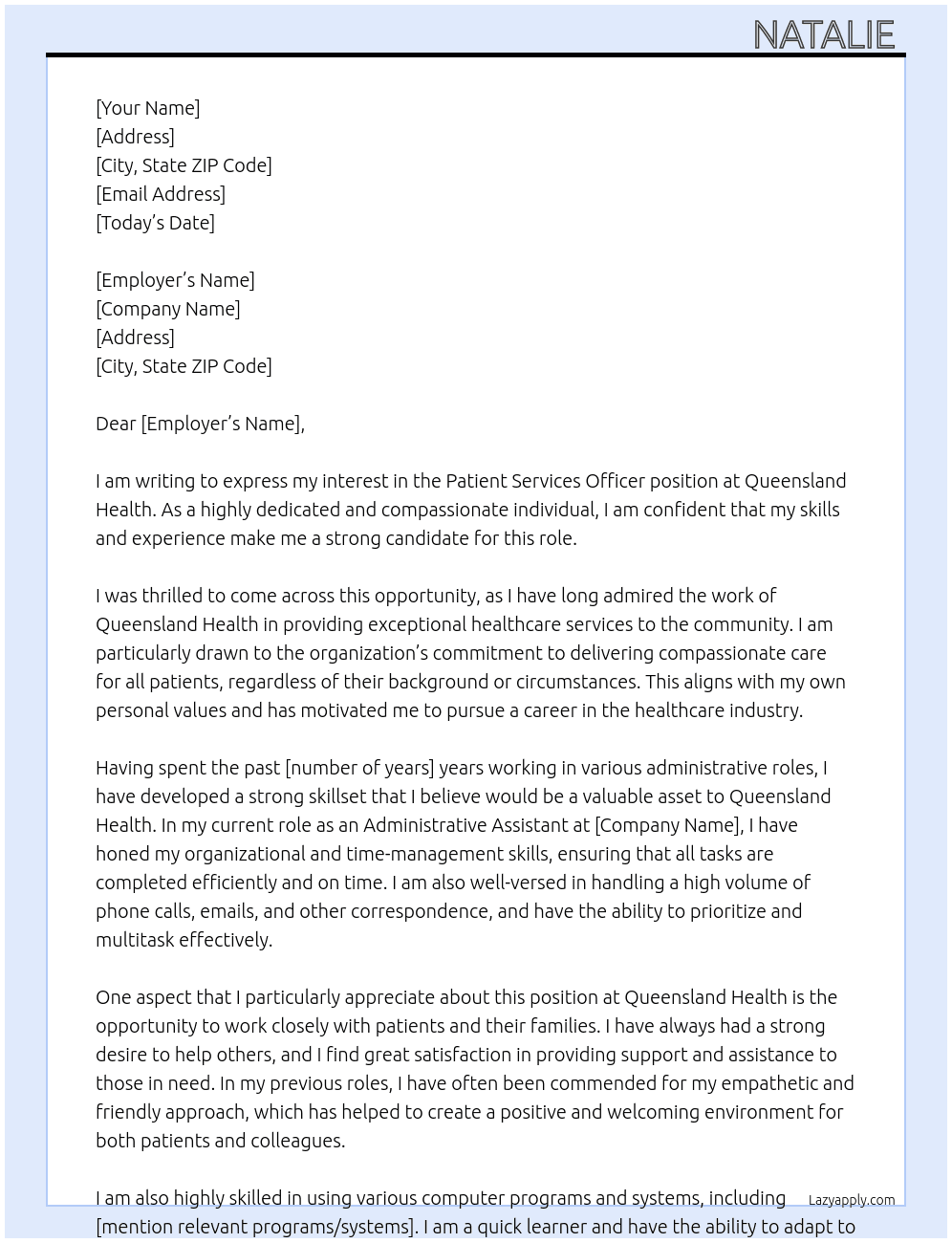 Patient Services Officer At Queensland Health Cover Letter