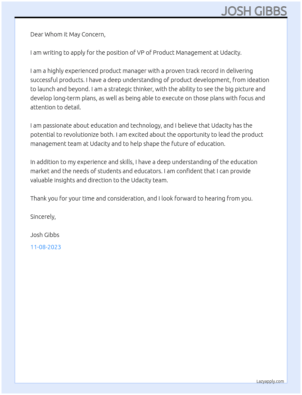 VP of Product Management At Udacity Cover Letter