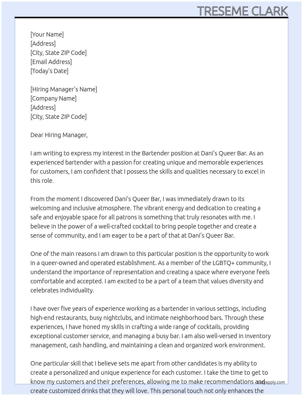 Bartender  At Dani’s Queer Bar Cover Letter