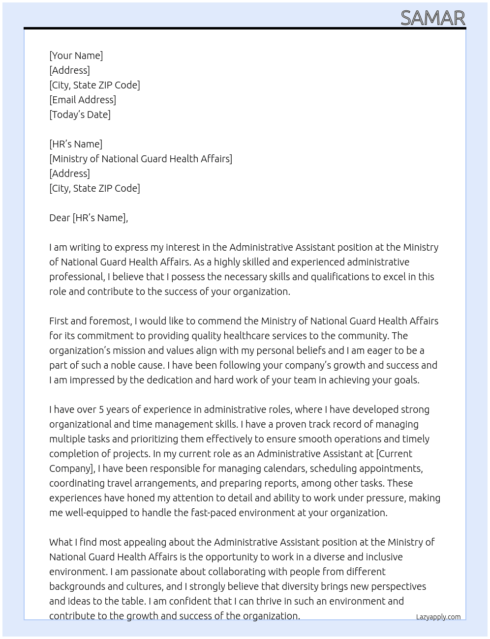 adminstrative assistant  At Ministry of National Guard Health Affairs Cover Letter