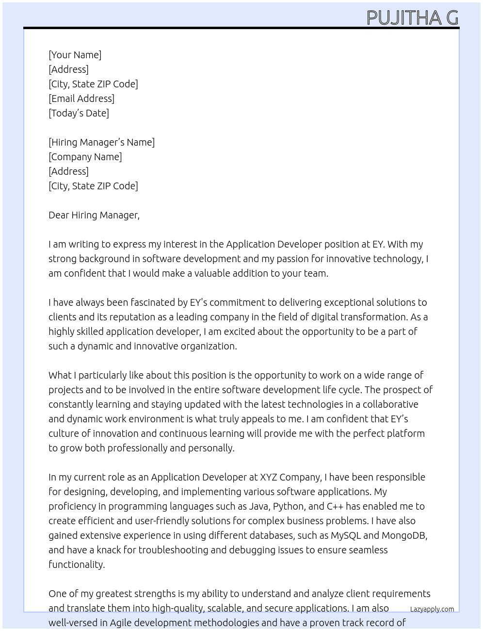 Application Developer At EY Cover Letter