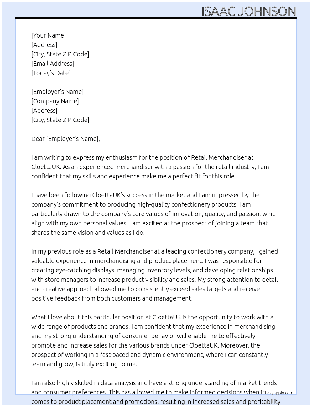 Retail merchandiser At CloettaUK Cover Letter