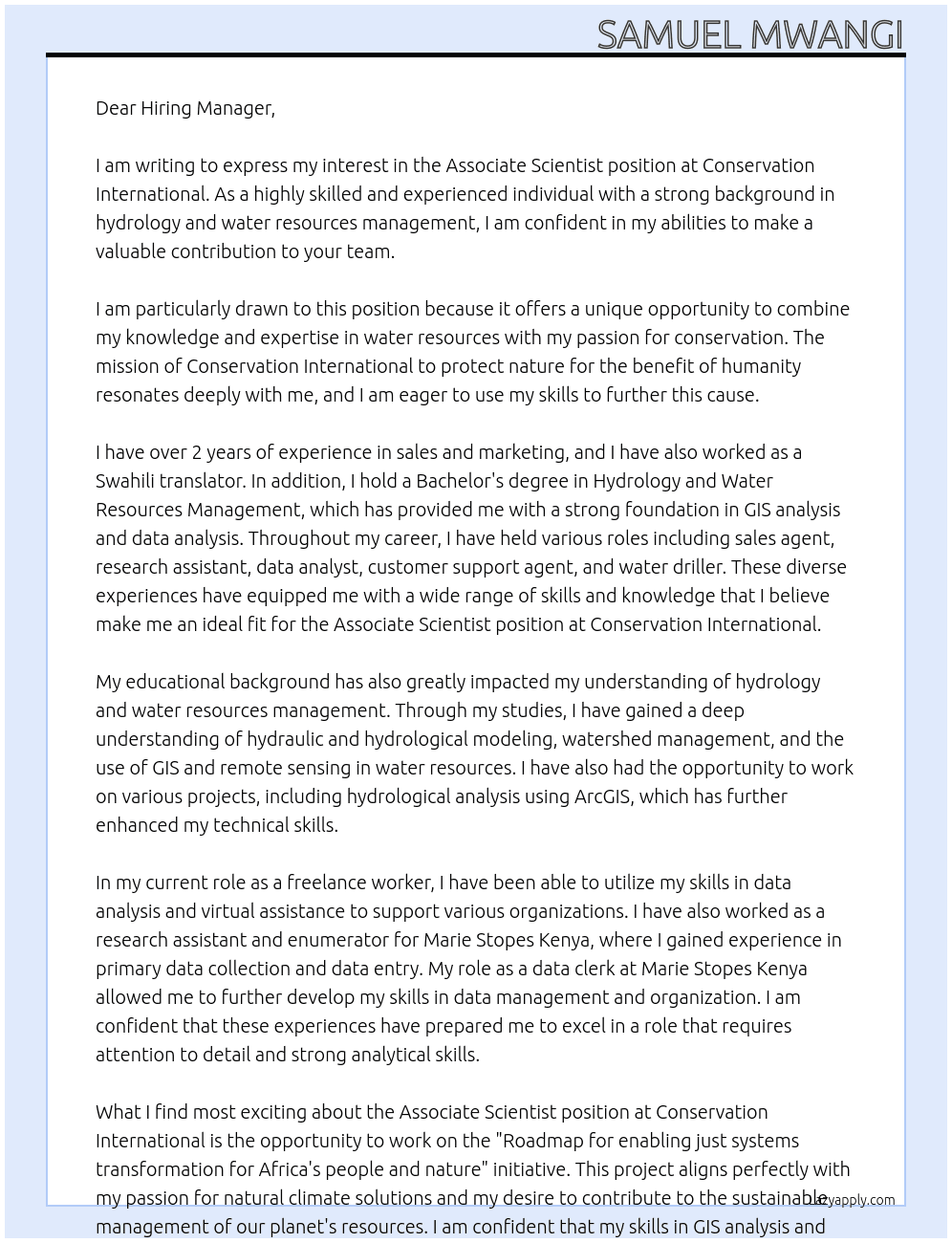 Associate Scientist At Conservation International  Cover Letter