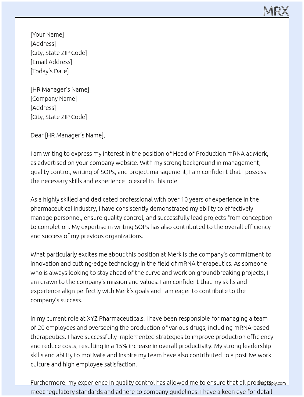 Head of Production mRNA At Merk Cover Letter