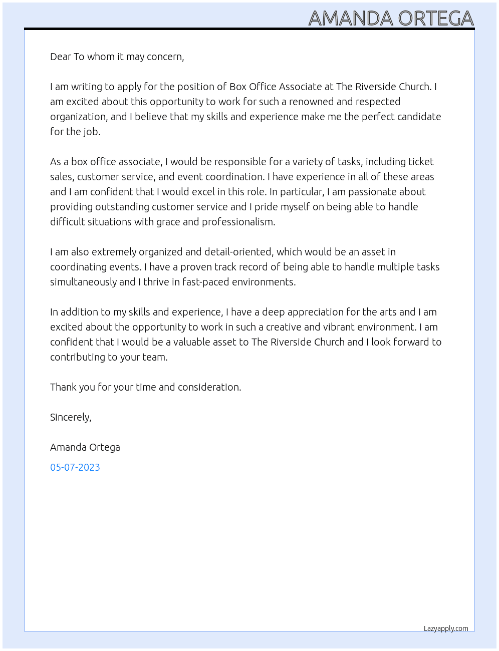 Box office Associate At The Riverside Church Cover Letter