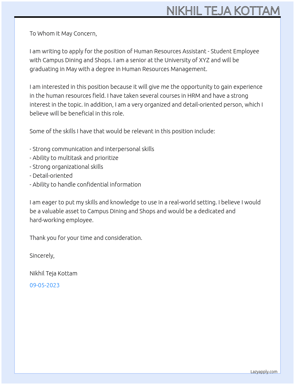 Human Resources Assistant - Student Employee At Campus Dining and Shops- Human Resources Cover Letter