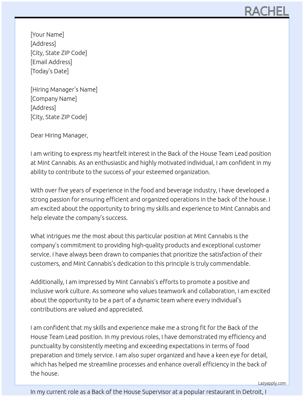 Back of the house team lead At Mint Cannabis  Cover Letter